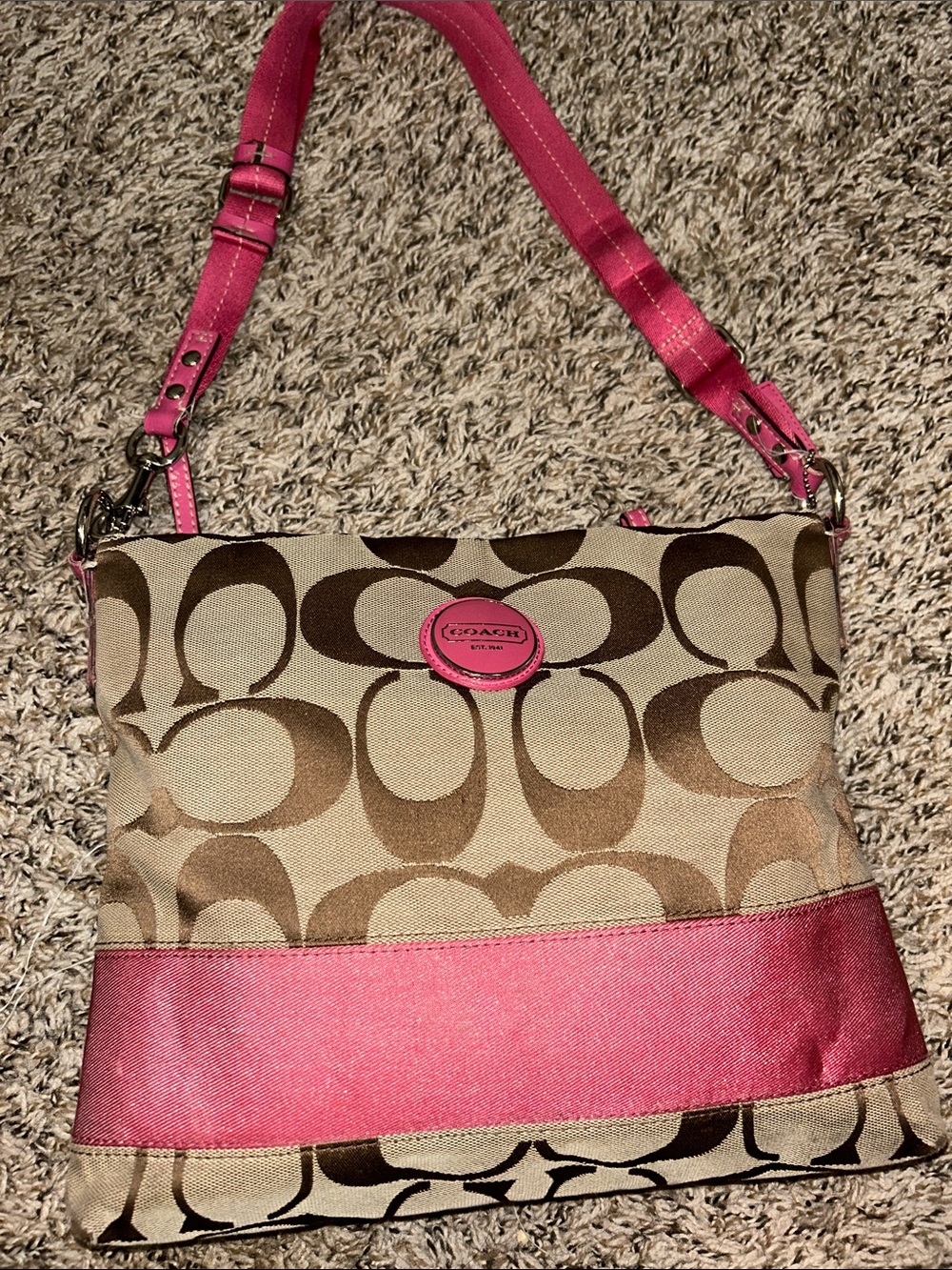Coach Signature Canvas Shoulder Bag in Pink and Khaki